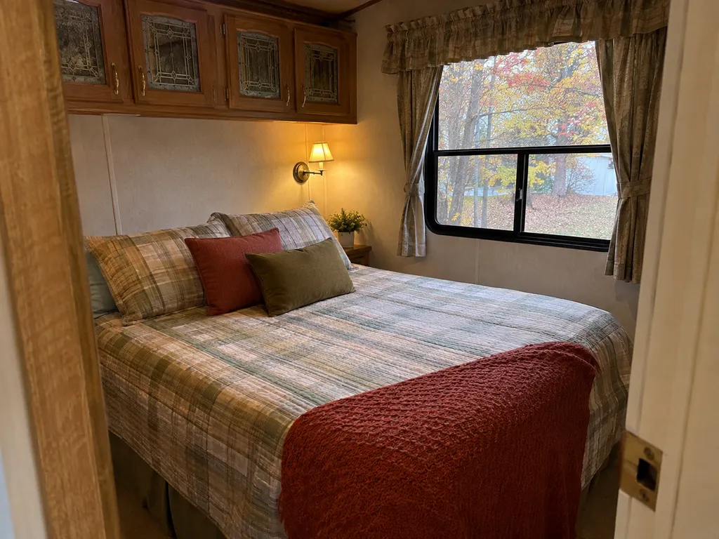 Bedroom with a bed, pillows, and a lamp by a window.